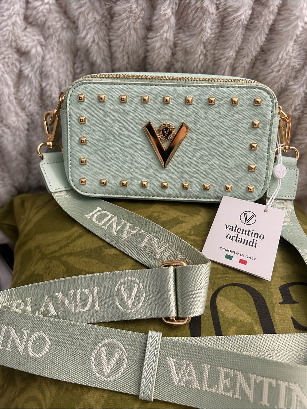 Valentino Orlandi Pistachio Green Studded Crossbody Bag with Gold Hardware